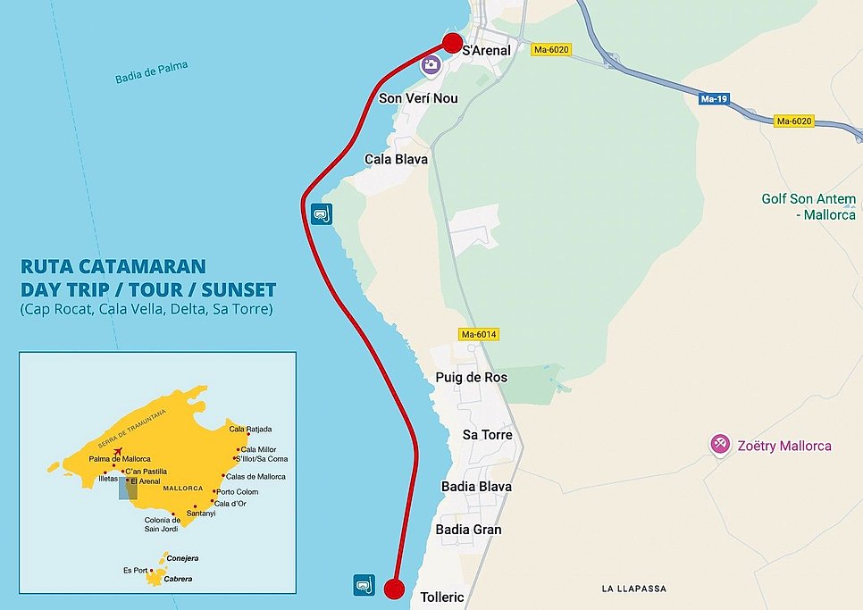 Route map from S'Arenal to Tolleric along the Bay of Palma coastline.
